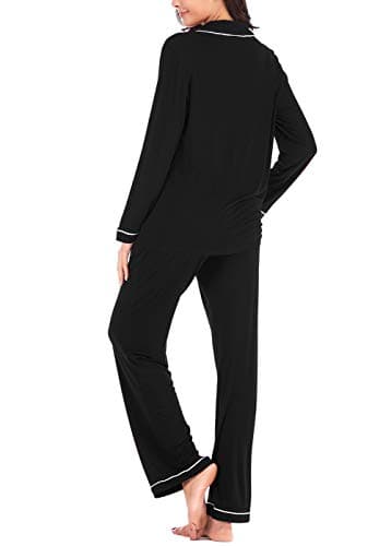 knit Pajamas for Women Long Sleeve Button Down Sets Black S - Image 5