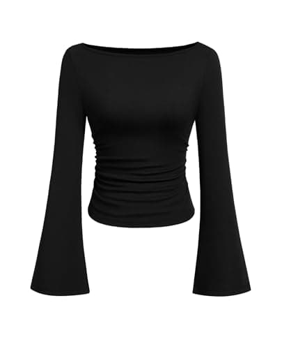 PRETTYGARDEN Women's Long Sleeve Shirts 2025 Fall Crop Going Out Tops Casual Boat Neck Bell Sleeve Ribbed Ruched Y2K Clothes (Black,Small) - Image 1