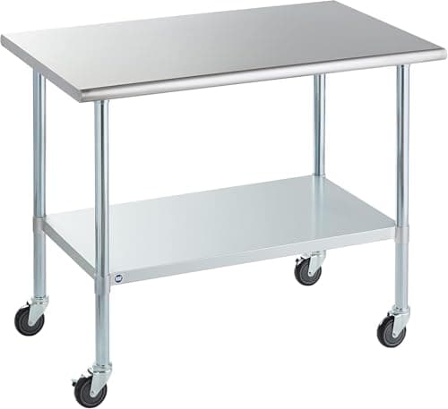 ROCKPOINT Stainless Steel Table for Prep & Work with Caster Wheels 30x48 Inches, NSF Metal Commercial Kitchen Heavy Duty Table with Adjustable Under Shelf and Table Foot for Restaurant, Home and Hotel - Image 1
