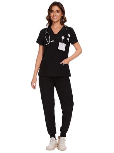 COZYFIT Scrubs for Women - V-Neck Top & Cargo Pants Scrubs Set with 10 Pockets - Black, M - Image 1