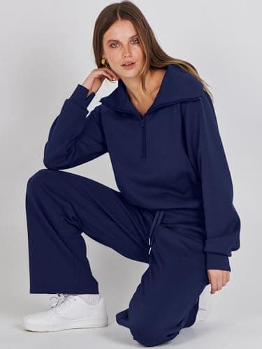 ANRABESS Women 2 Piece Outfits 2025 Fall Fashion Airport Wide Leg Pants Lounge Set Leisure Travel Vacation Clothes Sweatsuits Navy Blue Medium - Image 7