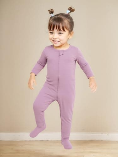 Aablexema Baby Zipper Pajamas Bamboo Rayon, 3pcs Unisex Infant Onesie with Mitten Long Sleeve Footed Pjs(Beige & Pink & Purple,0-3m) - Image 6