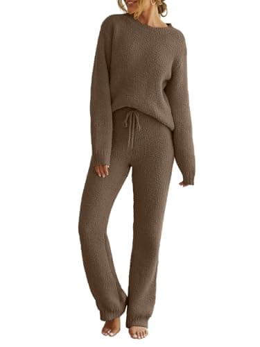 MEROKEETY Womens Pajama Sets 2025 Fall Lounge Sweater Set Cute Fuzzy Fleece 2 Piece Long Sleeve Cozy Winter Pj Outfits, Coffee, Medium - Image 1