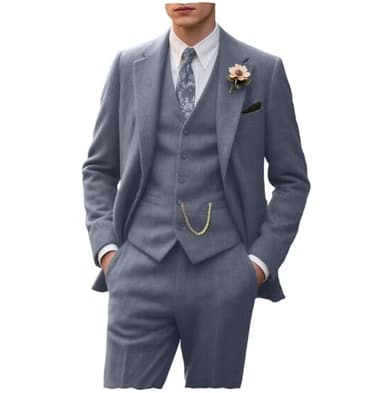 Retro Herringbone Suits for Men 3 Pieces Tweed Prom Man Suit Sets Slim Fit Mens Suits Formal Autumn Winter Tuxedos Denim Blue XL - Image 1