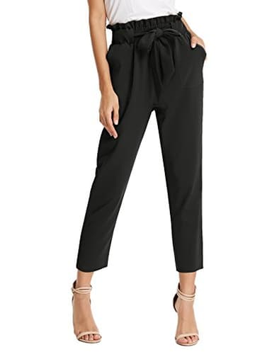 Women's Simple Solid Ruffle Tie Waist Pants with Pockets Black XL - Image 2