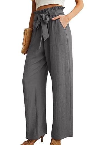 IWOLLENCE Women's Wide Leg Pants with Pockets High Waist Adjustable Knot Loose Casual Trousers Business Work Casual Pants Smoky Gray Large - Image 2