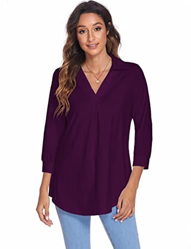 Newchoice Womens V Neck 3/4 Sleeve Shirts Business Casual Tops Ladies Stylish Work Blouses Dressy Loose Fit Tunic Tops (Dark Purple, XL) - Image 8