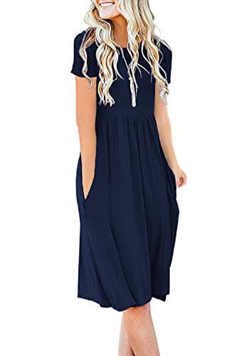 DB MOON Women Summer Casual Short Sleeve Dresses Empire Waist Knee Length Dress with Pockets (Navy Blue, 2XL) - Image 1