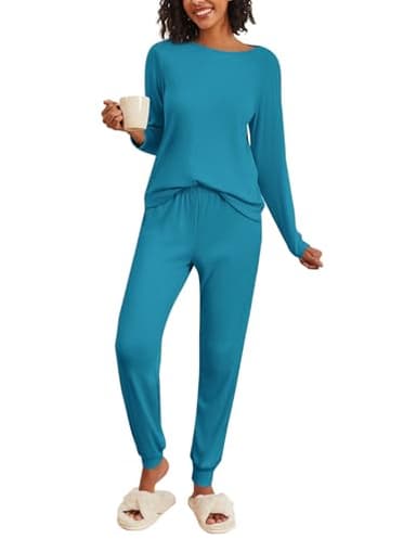 Ekouaer Womens Ribbed Knit Pajama Sets 2 Piece Jogger Pjs Long Sleeve Sleepwear Round Neck Soft Lounge Sets with Pockets Lake Blue Medium - Image 1