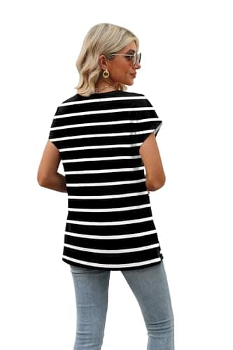 Black and White Striped Shirt Women Cap Sleeve 2024 Summer Tops Trendy Tank Tops V Neck Loose Fit Shirts XL - Image 4