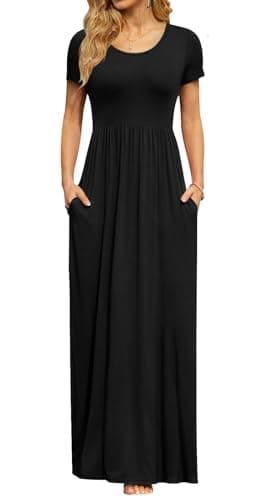 DB MOON Womens Maxi Dresses Casual Short Sleeve & Pockets Empire Waist Long Dress for Beach Party XL, Black - Image 1