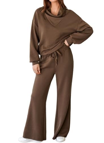 Aleumdr Womens 2 Piece Outfits Sweatsuit Set 2025 Fall Drawstring Sweatshirt Wide Leg Sweatpant Lounge Set Tracksuit Brown Large - Image 1