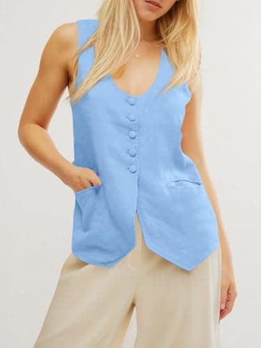 Tankaneo Womens Scoop Neck Blazer Vest Summer Linen Sleeveless Fitted Waistcoat Work Casual Cotton Suit Tops - Image 4