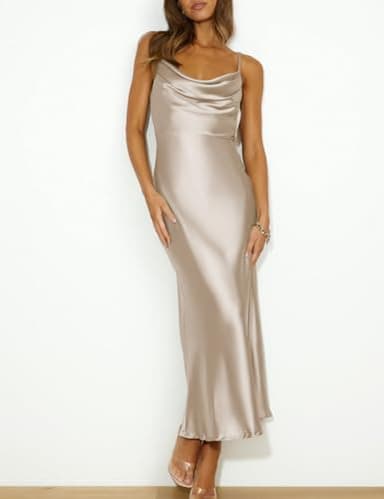 Summer Satin Spaghetti Strap Cowl Neck Backless Midi Dresses for Women Elegant Tie Low Back Ruched Cocktail Dress Champagne - Image 4