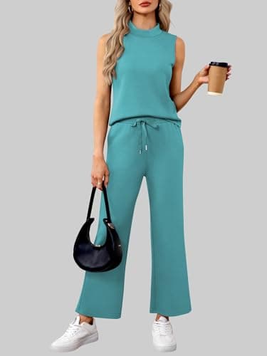Casly Lamiit Two Piece Outfits for Women Matching Sets Summer Sleeveless Mock Neck Tops Business Casual Sweatsuit Work Clothing Tracksuit Viriaian Green S - Image 2