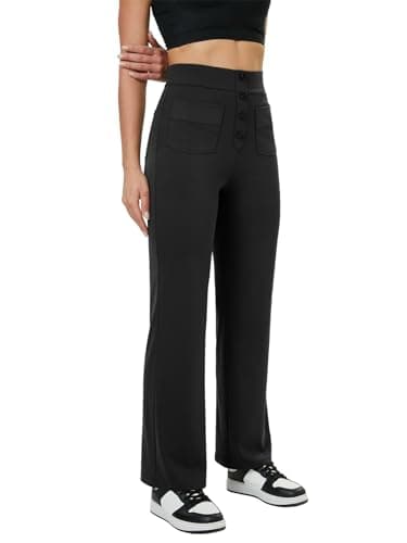 keriffe Women's Straight Leg Pants High Waisted Button Stretchy Business Work Casual Trousers Multiple Pockets Black - Image 3
