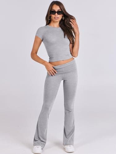 ANRABESS Lounge Sets for Women 2 Piece Foldover Yoga Flare Leggings Pants Crop Tops Casual Y2K Outfits Matching Tracksuit Set Grey Grey Medium - Image 7