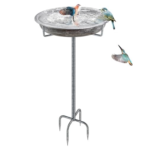KHayRovies Metal Bird Bath for Outdoors Garden Birdbath Bowl, 36.2" Height Freestanding Bird Feeders for Outside with 4 Prongs Base Stake, Standing Birdfeeders for Yard Lawn Decor (Retro Silver) - Image 1