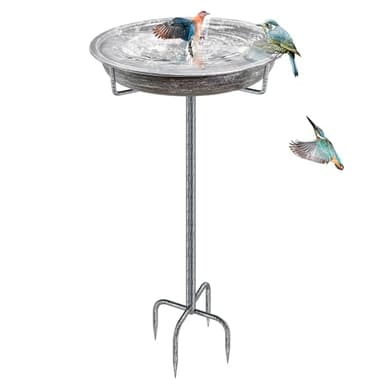 KHayRovies Metal Bird Bath for Outdoors Garden Birdbath Bowl, 36.2" Height Freestanding Bird Feeders for Outside with 4 Prongs Base Stake, Standing Birdfeeders for Yard Lawn Decor (Retro Silver) - Image 1