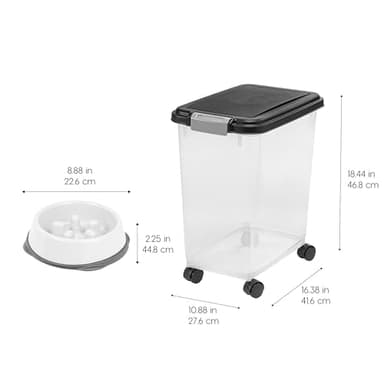 IRIS USA Airtight Dog Food Storage Container with 2-Cup Scoop and Slow Feeder Bowl Combo, Up to 30 lbs Pet Food Bin with Attachable Wheels, Anti-Slip Short Snouted Bowl, Easy to Clean, BPA Free, Black - Image 3