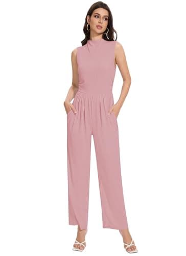 LOZ Womens Casual Summer Jumpsuits Dressy One Piece Outfits Mock Neck Sleeveless Wide Leg Pants Rompers with Pockets Pink - Image 2