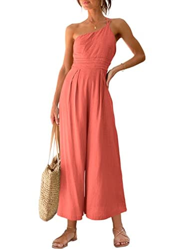 ANRABESS Women's Summer Straps One Shoulder High Waist Dressy Casual Wide Leg Linen Jumpsuit Romper Beach Travel Outfits Peach Medium - Image 1