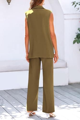 PRETTYGARDEN Women's 2 Piece Outfits Button Up Sleeveless V Neck Vest Jacket and Long Pants Suit Sets (Army Green,Large) - Image 4