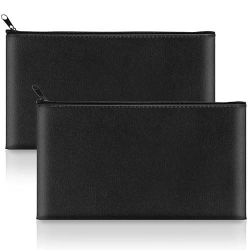 2 Pack Money Bags with Zipper, 11x6.1 Inch PU Leather Cash Pouch, Secure Bank Bag for Coins, Bills, Checks, Invoices, Cosmetics, Tools (Black) - Image 1