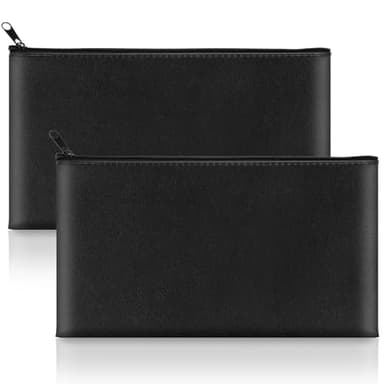 2 Pack Money Bags with Zipper, 11x6.1 Inch PU Leather Cash Pouch, Secure Bank Bag for Coins, Bills, Checks, Invoices, Cosmetics, Tools (Black) - Image 1