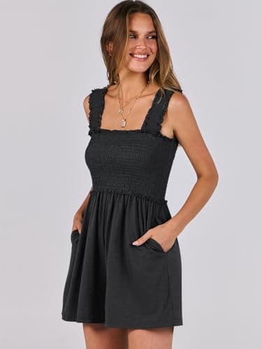 Caracilia Women's Summer Casual Smocked Rompers Square Neck Sleeveless Loose Shorts Jumpsuit 2025 Beach Vacation Outfits Black - Image 3