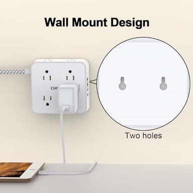 Surge Protector Power Strip - CHCORE 5Ft Braided Extension Cord with 8 Outlets with 4 USB (2 USB C) Charging Ports, Flat Plug Multi Plug Outlet Extender Charging Station for Home Office, ETL, White - Image 5