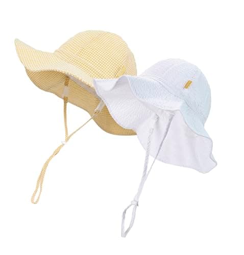 DASMINI Baby & Toddler Wide Brim Sun Hats UPF 50+ Sun Protection Bucket Cap Cute Adjustable Hat(White+Yellow,0-6M) - Image 1