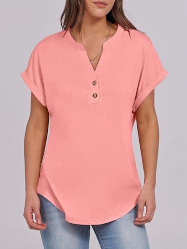 ANRABESS Womens Short Sleeve Henley Tops V Neck Dressy Casual Blouses Summer Trendy Tee Shirts 2025 Vacation Fashion Clothes Coral L - Image 2