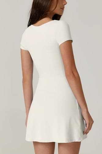 QINSEN Square Neck Athletic Dress for Women Side Slit High Waist Built in Shorts Pocket Flare Exercise Dress White S - Image 2
