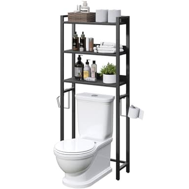 MAHANCRIS Over The Toilet Storage Rack, 3 Tier Bathroom Organizer Over Toilet, Freestanding Space Saver Toilet Stand with 2 Hooks, Bathroom Storage Shelf, Easy to Assemble, Black TSBK6001 - Image 9
