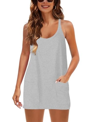 Zhiyouni Women's Summer Sleeveless Mini Dress V Neck Spaghetti Straps Athletic Built-in Shorts Sundress(LightGrey-XS) - Image 4