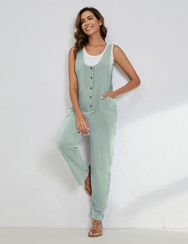 Yeokou Womens Overalls Linen Cotton Jumpsuits Loose Casual Jumpers with Pockets(LightGreen-M) - Image 7