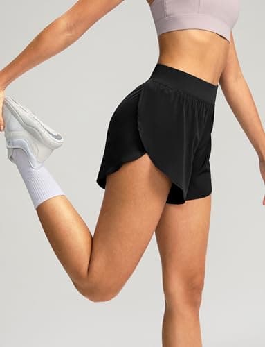 Soothfeel High Waisted Athletic Running Shorts for Women Dolphin Shorts High Split Quick Dry Gym Workout Shorts with Liner (Black, L) - Image 2