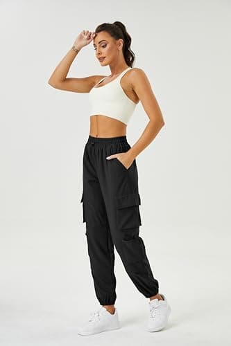 COPYLEAF Womens Parachute Cargo Pants with Pockets Quick Dry Hiking Pants Lightweight Water-Resistant Baggy Joggers(Black XXL) - Image 4