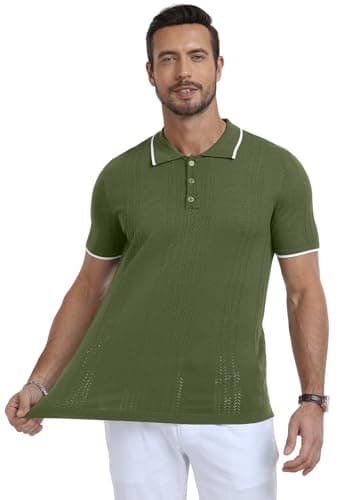 KUYIGO Men's Knit Hollow Out Polo Shirts Short Sleeve Button Collared Shirt Fashion Casual Summer Tops Army Green Small - Image 5