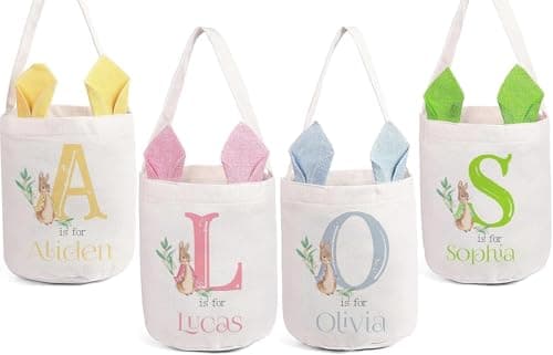 Personalized Easter Baskets for Kids Girls Boys with Customized Name, Cute Easter Bunny Egg Buckets Gifts Tote Bags Hunt Basket for Newborns to 14 Year Old, Pink - Image 1