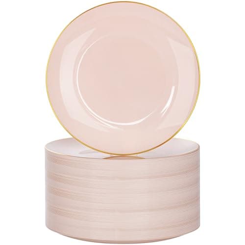 Nervure 100Pieces Pink and Gold Plastic Plates - 7.5inch Disposable Pink Salad/Dessert Plates - Heavy Duty Plastic Plate Ideal for Wedding & Party - Image 1