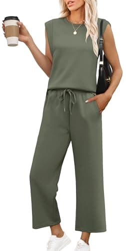 OFEEFAN Womens Summer Outfits Two Piece Sets Comfy Matching Lounge Sets Side Split Plus Size Airport Travel Outfits Luxury Womens Fashion Olive M - Image 1