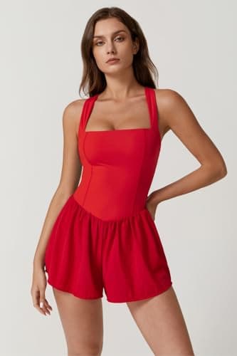 QINSEN Women's Tank Top Romper Square Neck Sleeveless Y2k Shorts Jumpsuit Playsuits Red S - Image 3