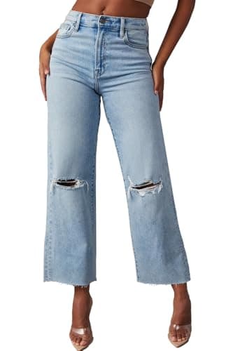 Allimy Women's High Rise Capris for Women Wide Leg Crop Jeans Baggy Y2K Clothing Light Wash Denim Blue Size 10 - Image 4