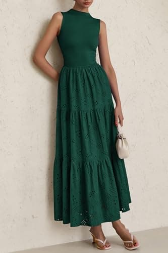 PRETTYGARDEN Summer Dresses for Women 2025 Casual Eyelet Sleeveless Wedding Guest Maxi Dress Tank Top Sundress with Pockets (Dark Green,Large) - Image 8