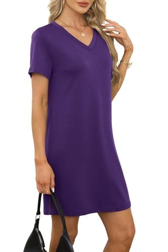 RUMIA Summer Casual Dresses for Women 2025 Vacation Dress V-Neck Short Sleeve Split Hem Beach Sundress Purple L - Image 4