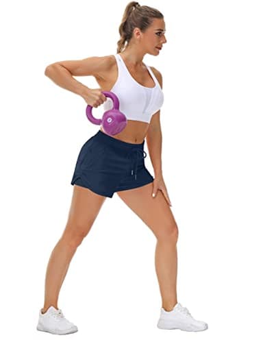 Mancreda Women's Running Shorts with Liner 3 Zipper Pockets Elastic Workout Athletic Gym Yoga Shorts(NA,L) Navy - Image 7