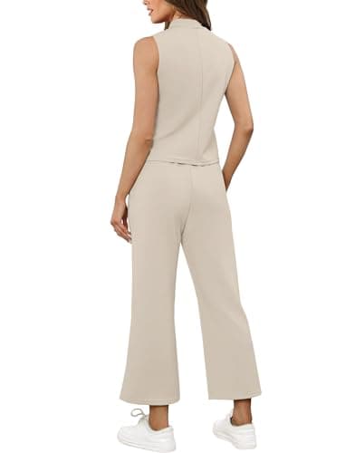 SAMPEEL Lounge Set for Women 2 Piece Spring Outfits 2024 Travel Clothing Summer Business Casual Outfits Sleeveless Wide Leg Crop Pants Sets Matching Sets Women Clothing Khaki S - Image 5