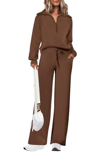PRETTYGARDEN Womens 2 Piece Outfits Half Zip Sweatshirts And Palazza Pants Casual Fall Sweatsuits Sets (Brown,Small) - Image 1